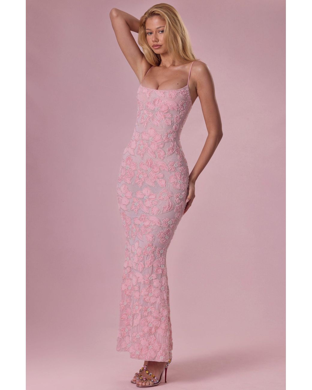 Oh Polly Pink Embellished Square Neck Maxi Dress