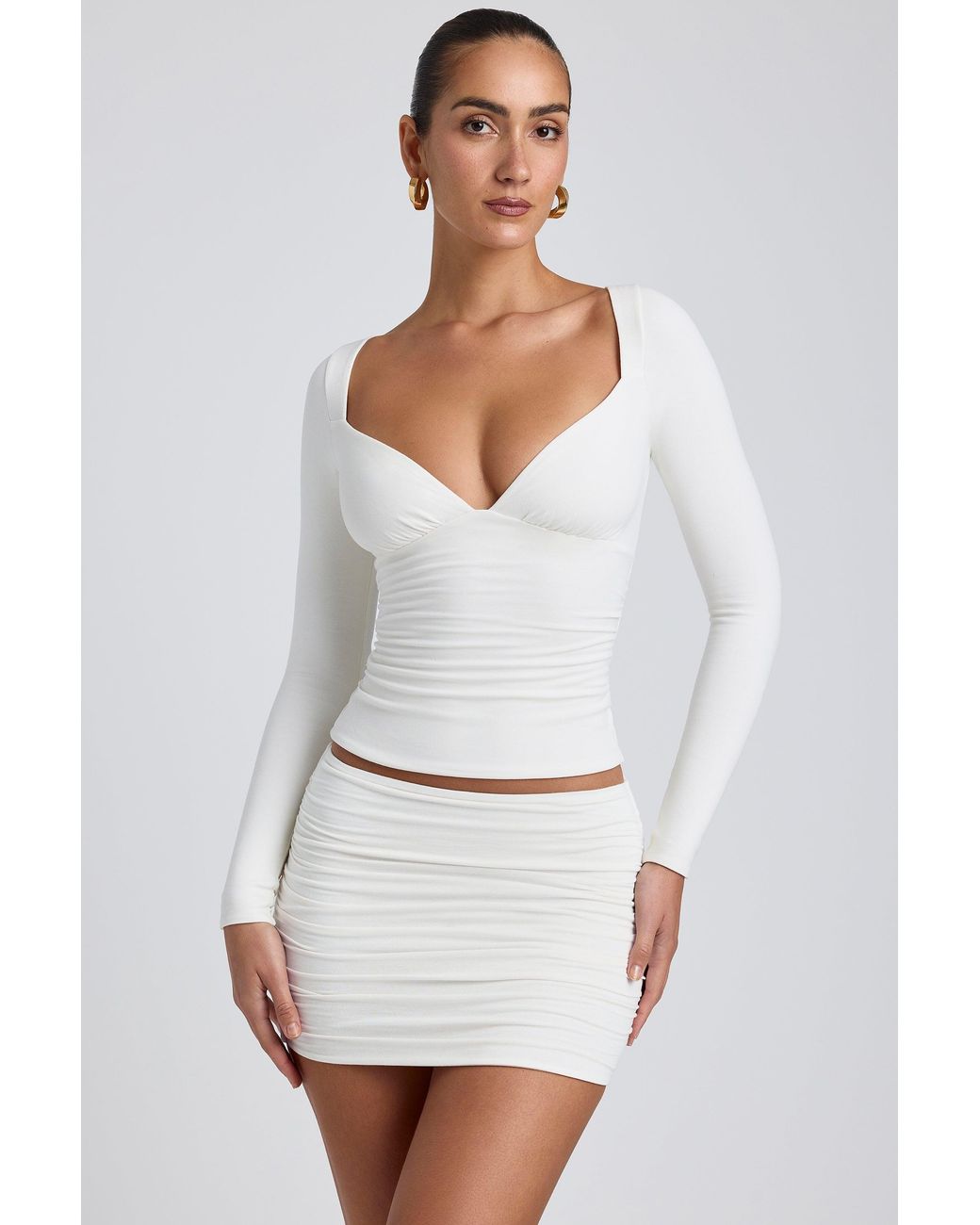 Oh Polly White Modal Ruched Long-Sleeve Top