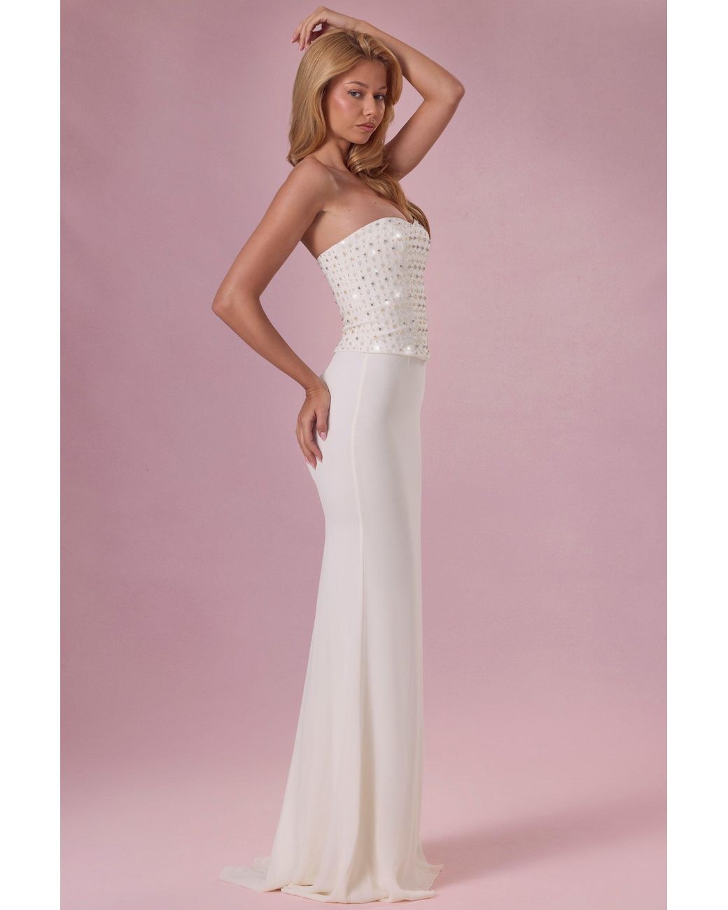 Oh Polly White Embellished Corset Strapless Gown