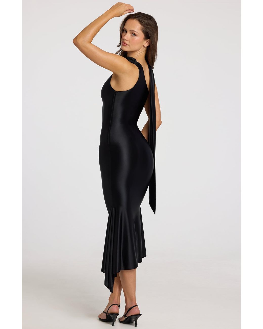 Oh Polly Black Asymmetric Scarf-Detail Midaxi Dress