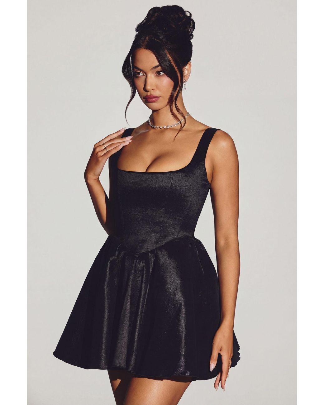 Oh Polly Black Woven Taffeta Corset Mini Dress