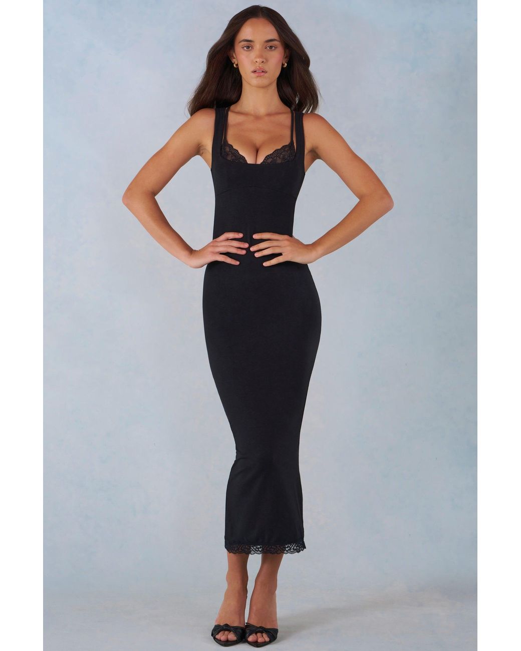 Oh Polly Black Modal Lace-Trim Midaxi Dress