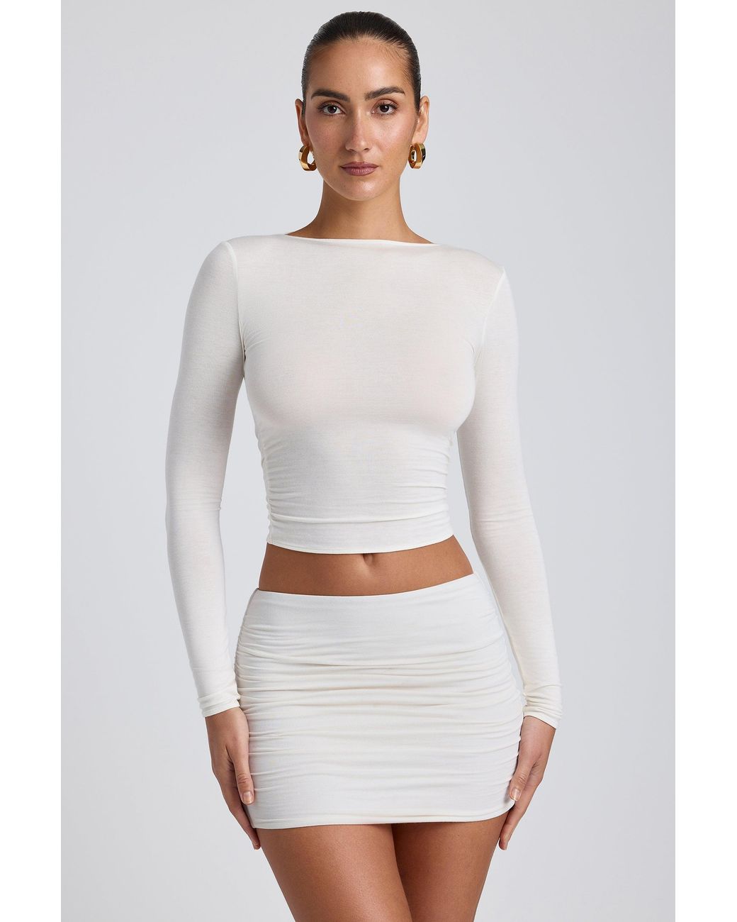 Oh Polly White Modal Ruched Long-Sleeve Top