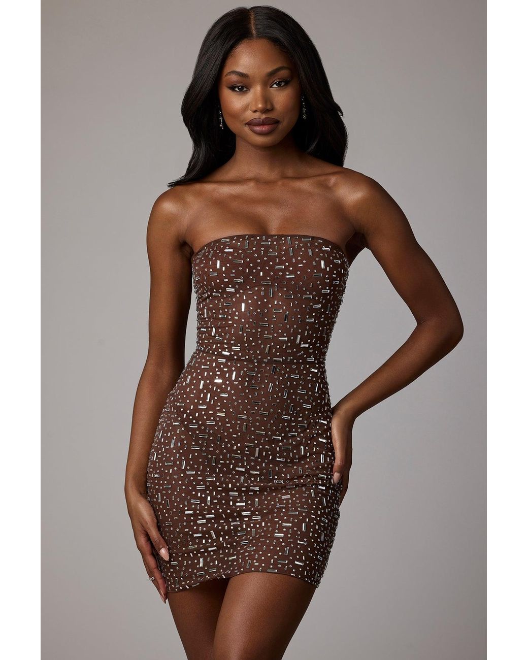 Oh Polly Brown Sheer Embellished Bodycon Mini Dress