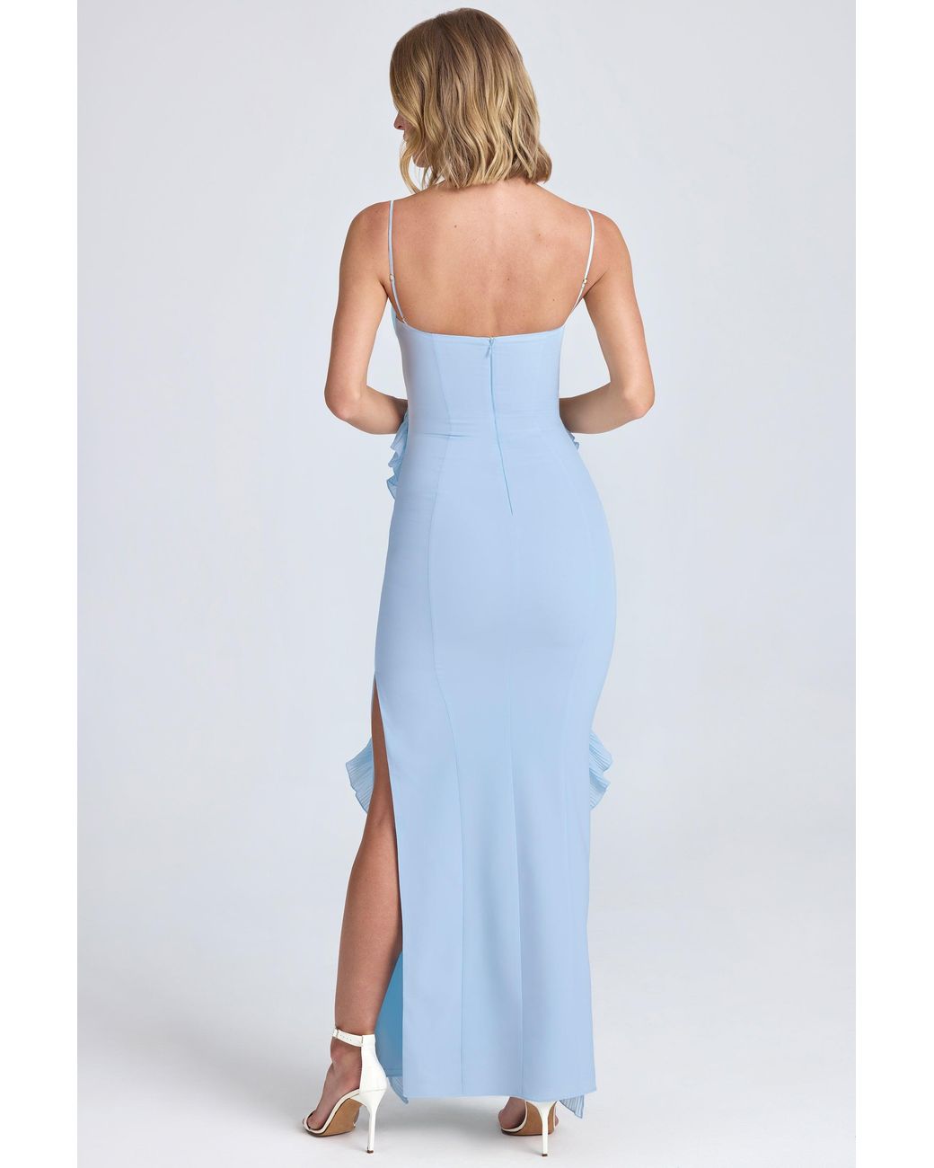 Oh Polly Blue Plissé Ruffle-Trim Maxi Dress
