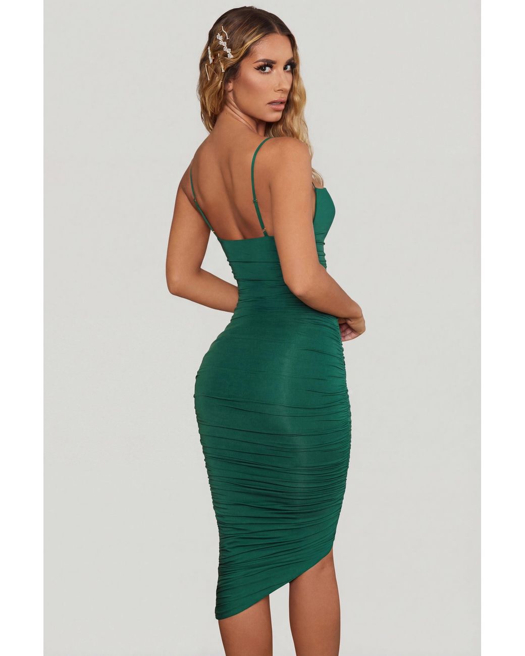 Oh Polly Green Cowl Neck Ruched Bodycon Midi Dress