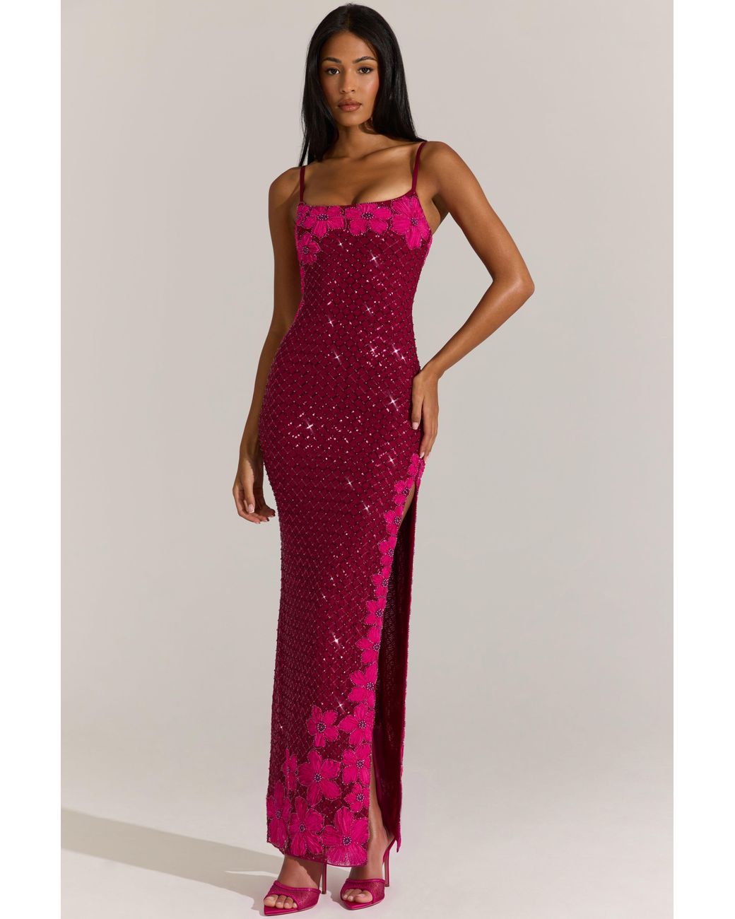 Oh Polly Red Embellished Square-Neck Maxi Dress