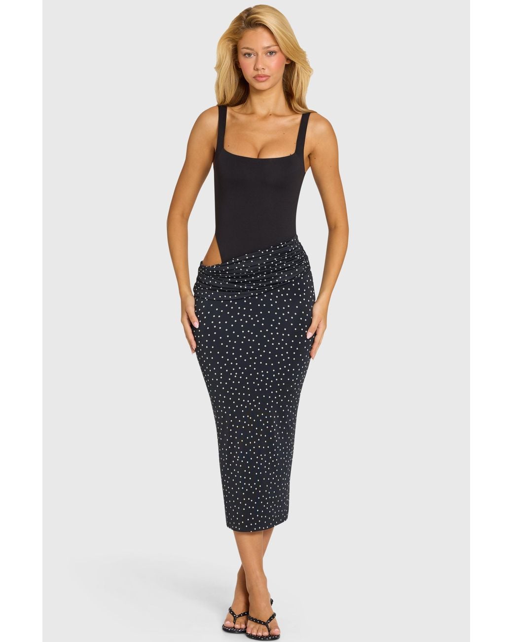 Oh Polly Black Bodice Draped Midi Dress