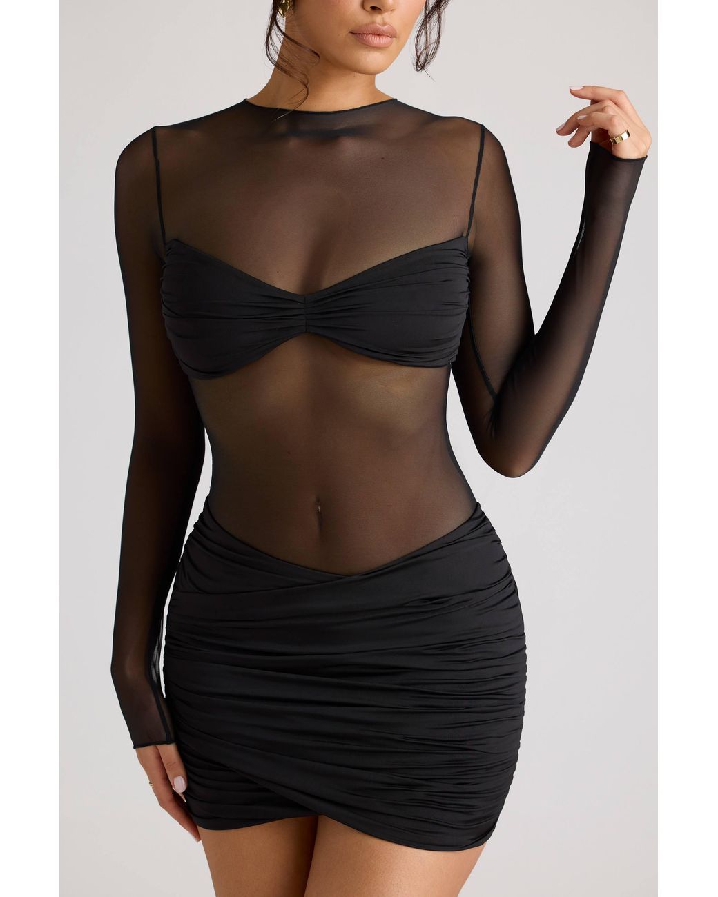 Oh Polly Black Sheer Panelled Long Sleeve Mini Dress