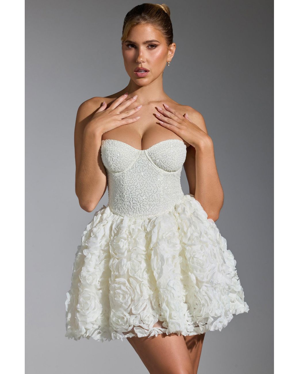 Oh Polly White Embellished Floral-Appliqué Lace-Up Mini Dress