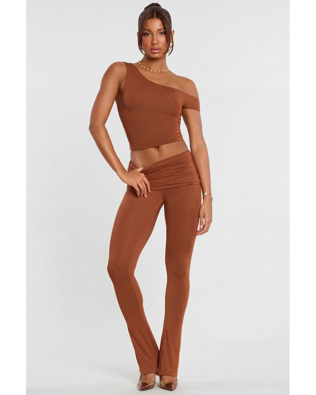 Oh Polly Brown Mid Rise Modal Cashmere Blend Trousers