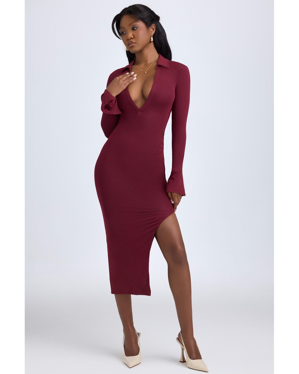 Oh Polly Red Modal Plunge V-Neck Midaxi Dress
