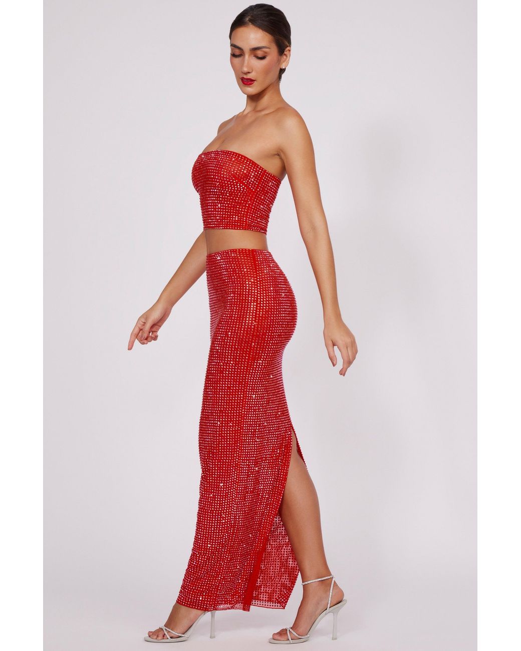 Oh Polly Red Embellished Mid Rise Maxi Skirt