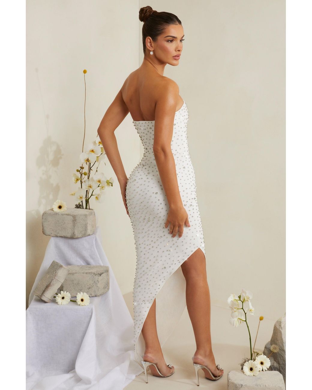 Oh Polly White Hand Embellished Asymmetric Midi Dress