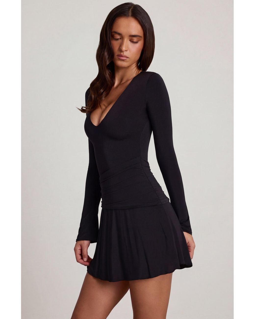 Oh Polly Black Soft Jersey Scoop-Neck Flared Mini Dress