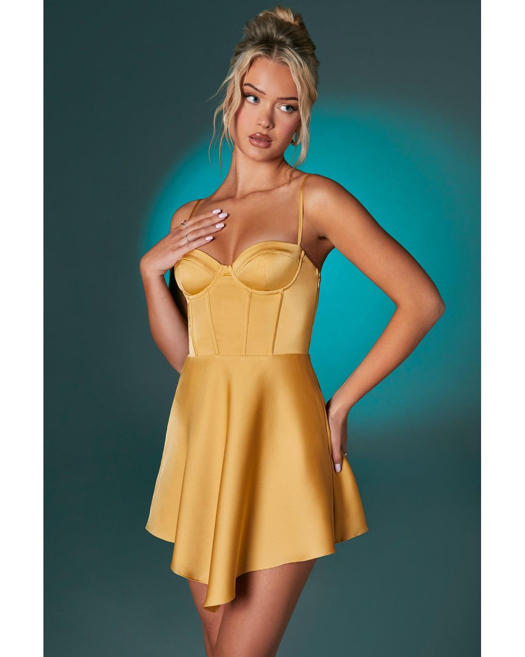 Oh Polly Metallic Asymmetric Hem Corset Mini Dress