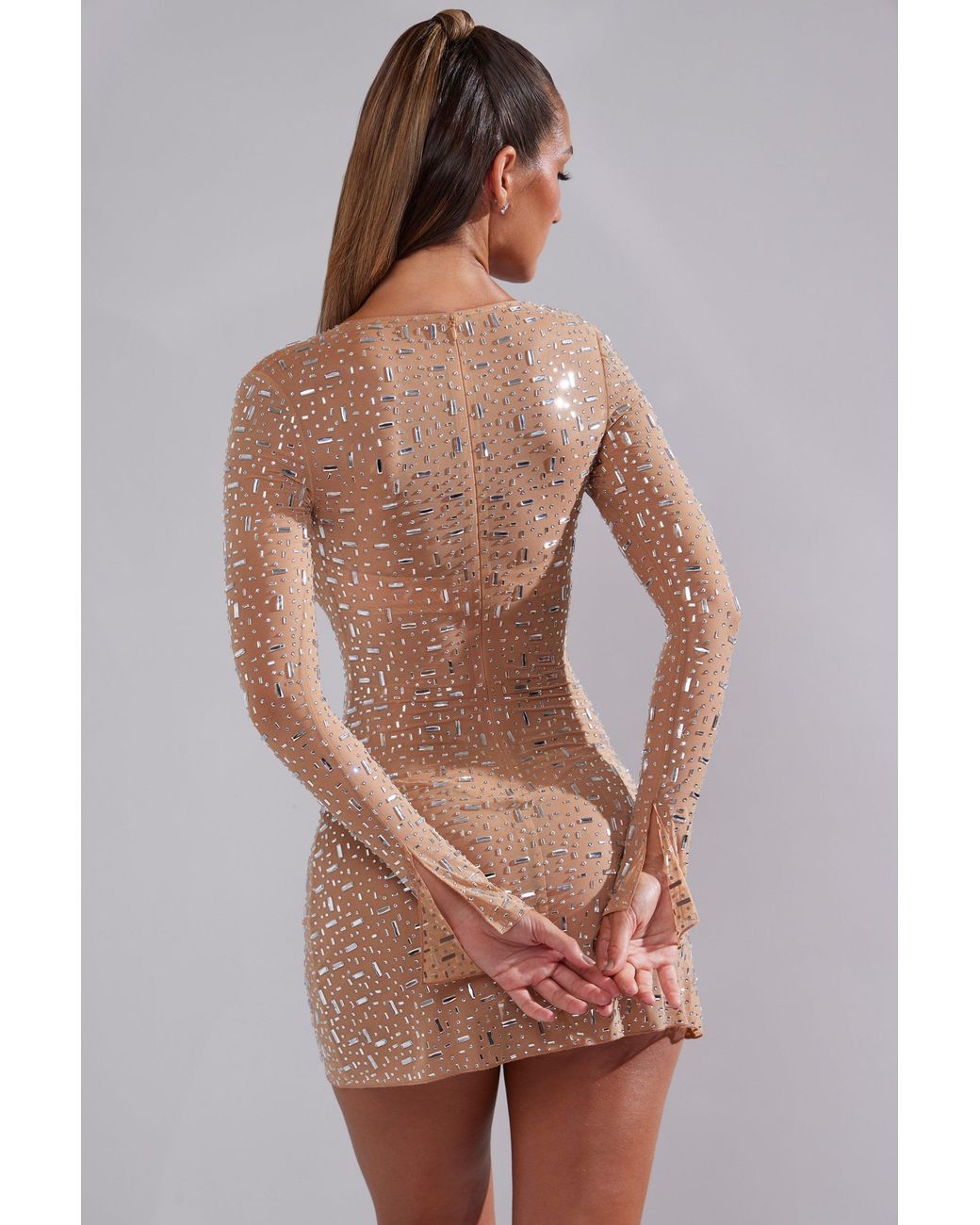Oh Polly Natural Sheer Embellished Long Sleeve A-Line Mini Dress