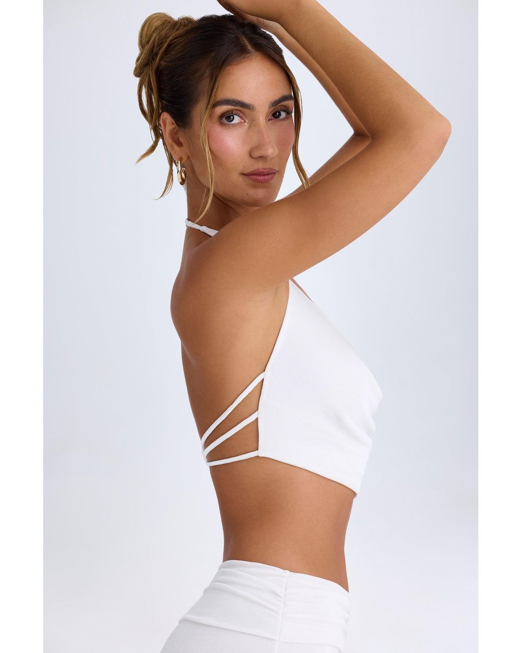Oh Polly White Cowl-Front Halterneck Crop Top