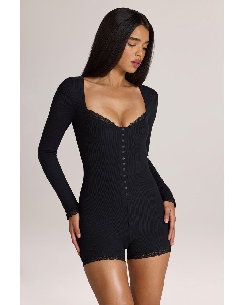 Oh Polly Black Ribbed Modal Lace-Trim Romper