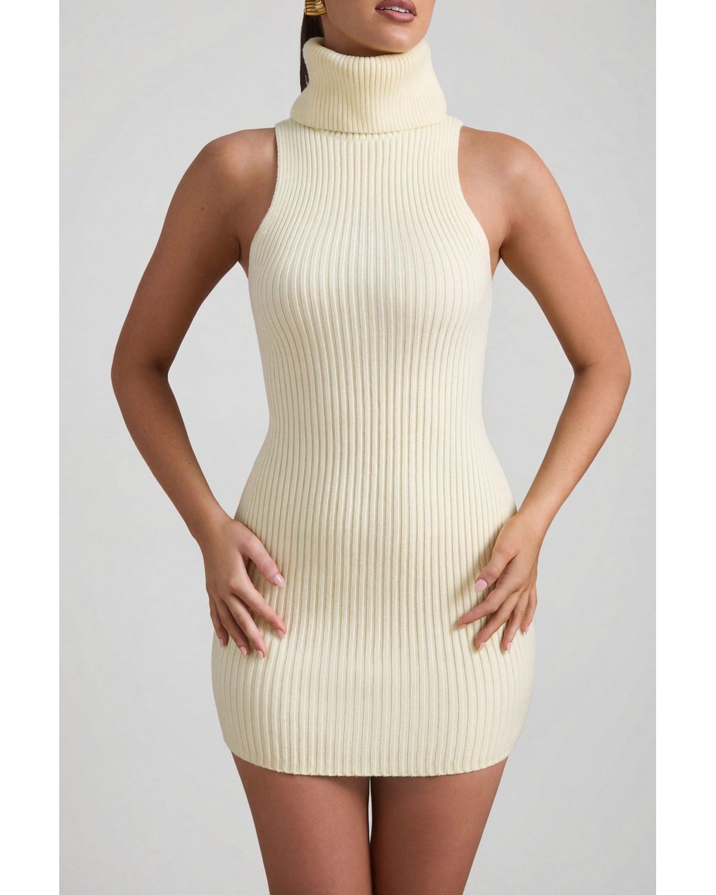 Oh Polly Yellow Ribbed-Knit Turtleneck Mini Dress