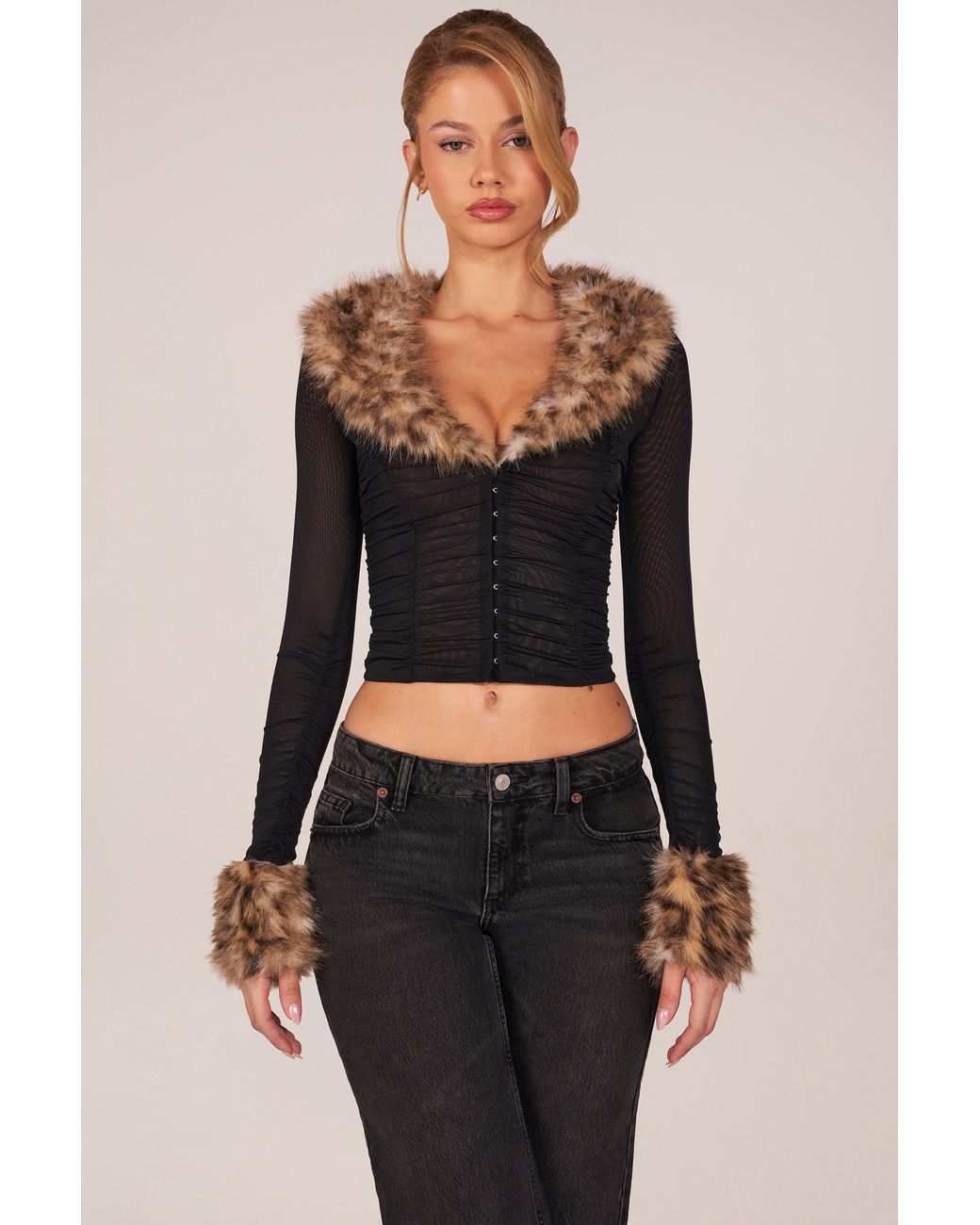 Oh Polly Black Faux Fur-Trim Sheer Mesh Cardigan