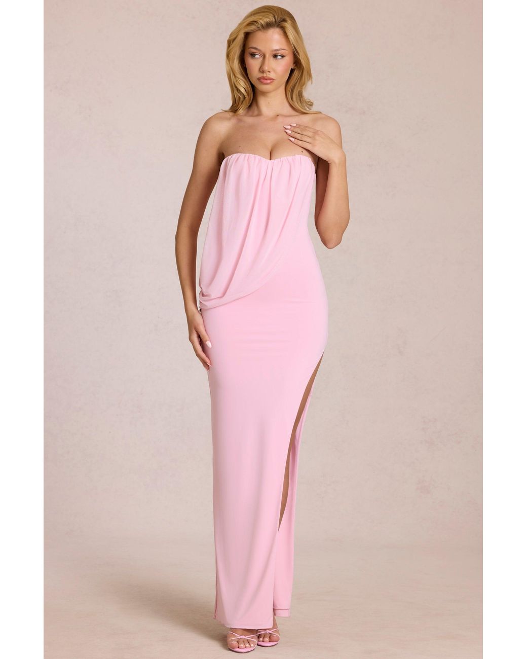 Oh Polly Pink Bandeau Draped Maxi Dress