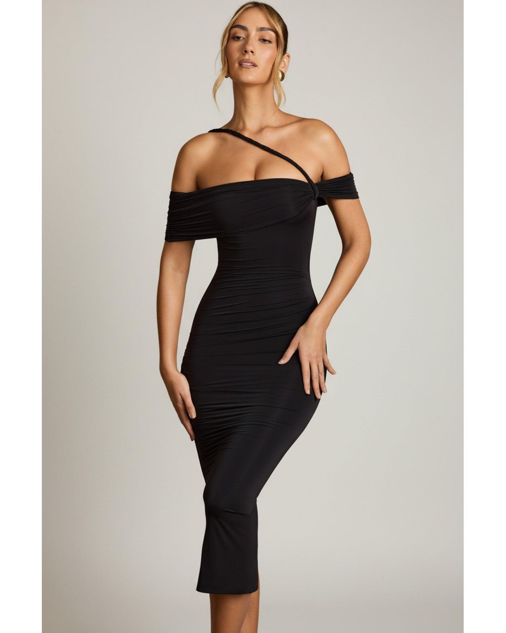 Oh Polly Black Off-Shoulder Draped Midaxi Dress