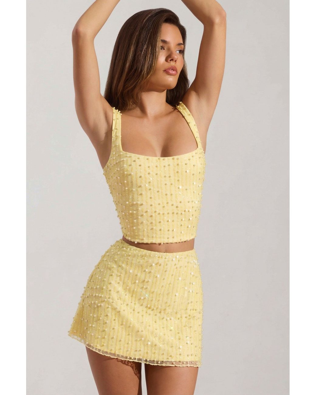 Oh Polly Yellow Embellished Square-Neck Crop Top