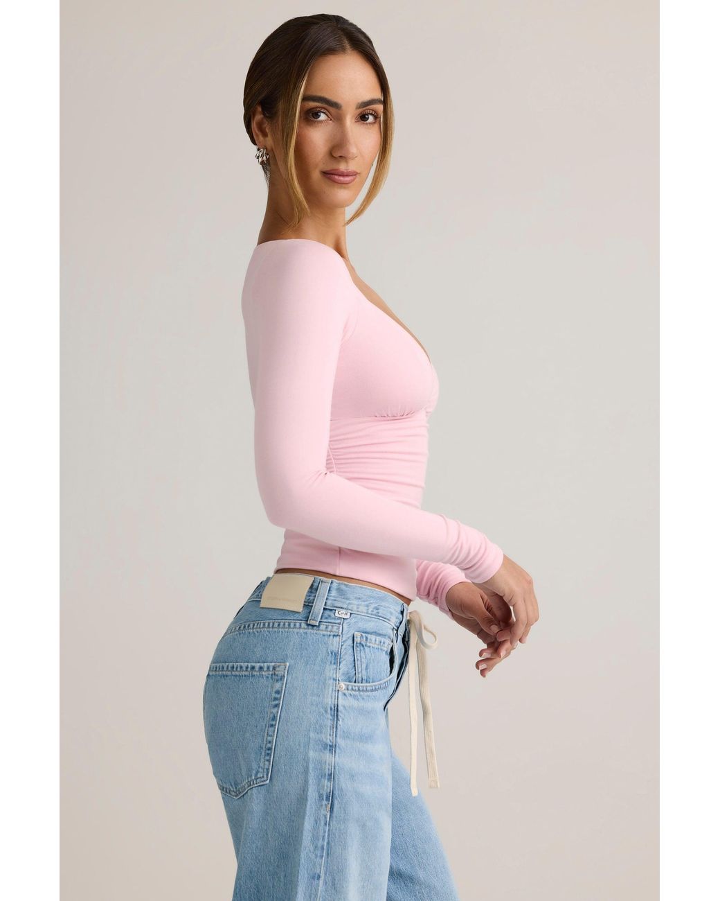 Oh Polly Pink Modal Ruched Long-Sleeve Top