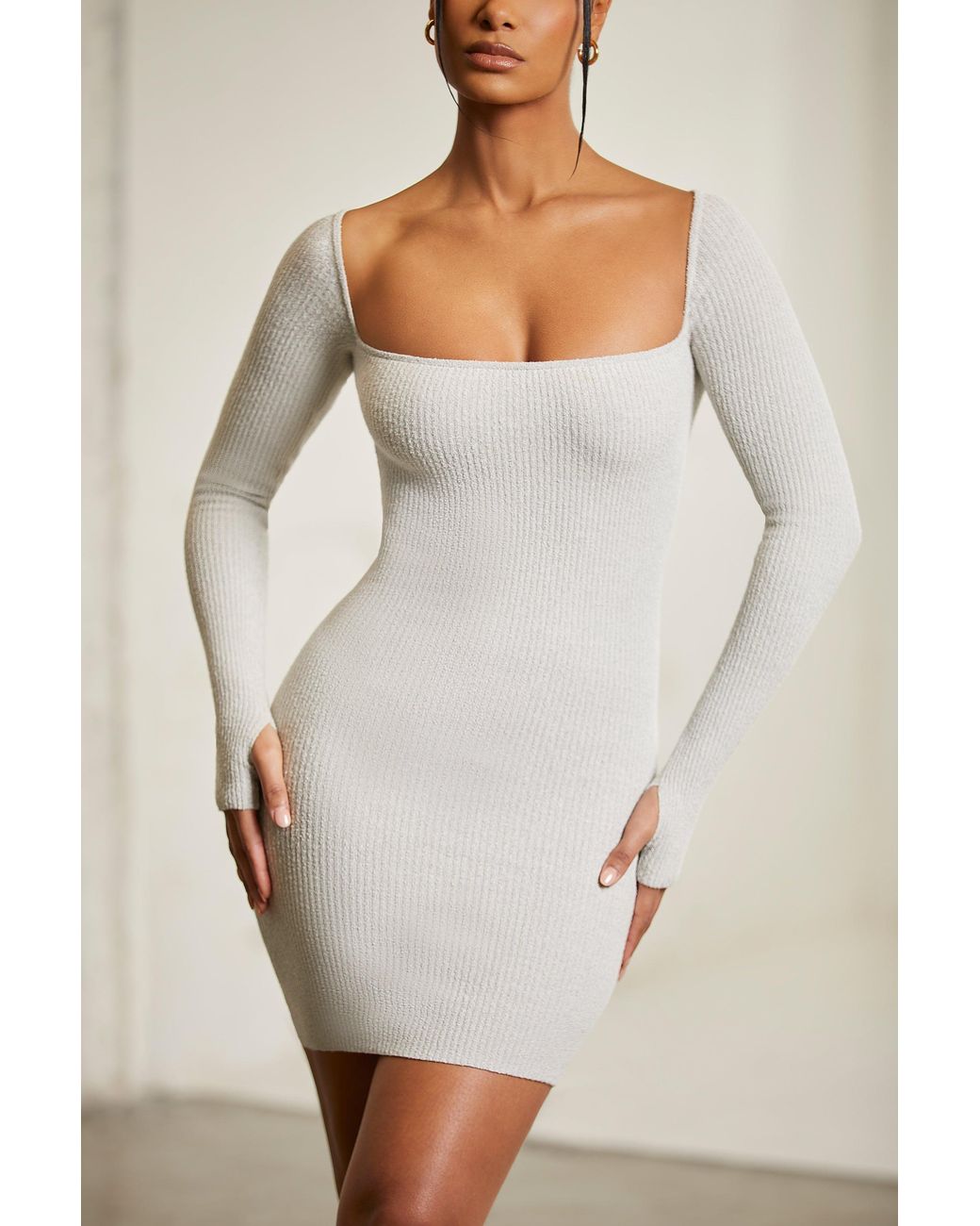 Oh Polly Gray Long Sleeve Square Neck Mini Dress