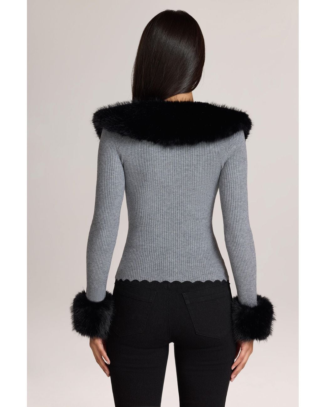 Oh Polly Gray Knit Faux-Fur-Trim Cardigan