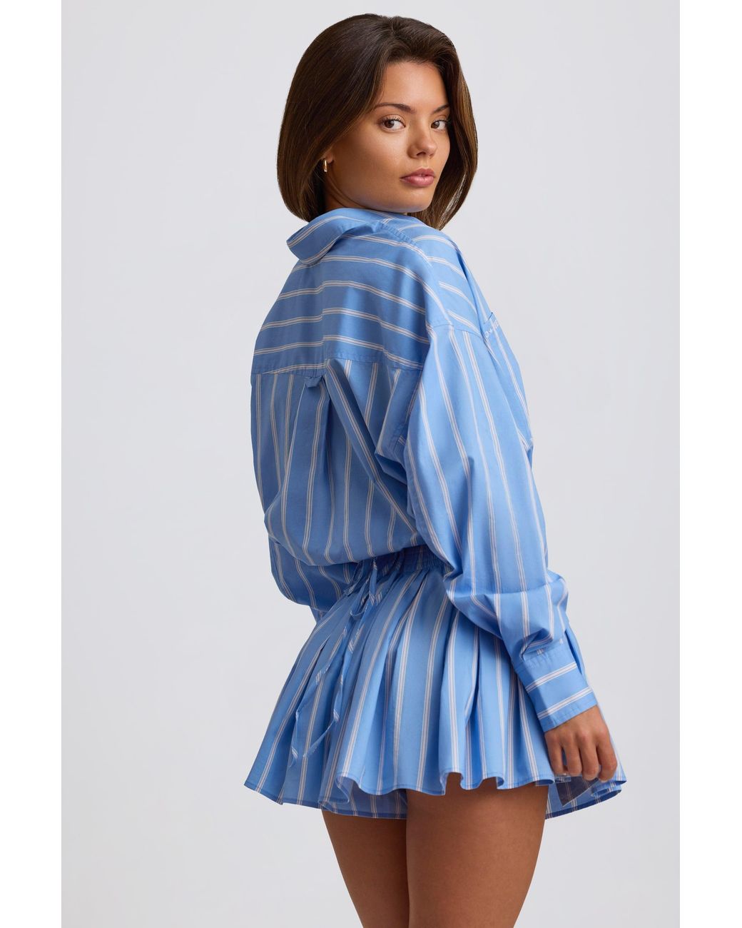 BO+TEE Blue Cotton Poplin Stripe Multiway Cropped Shirt