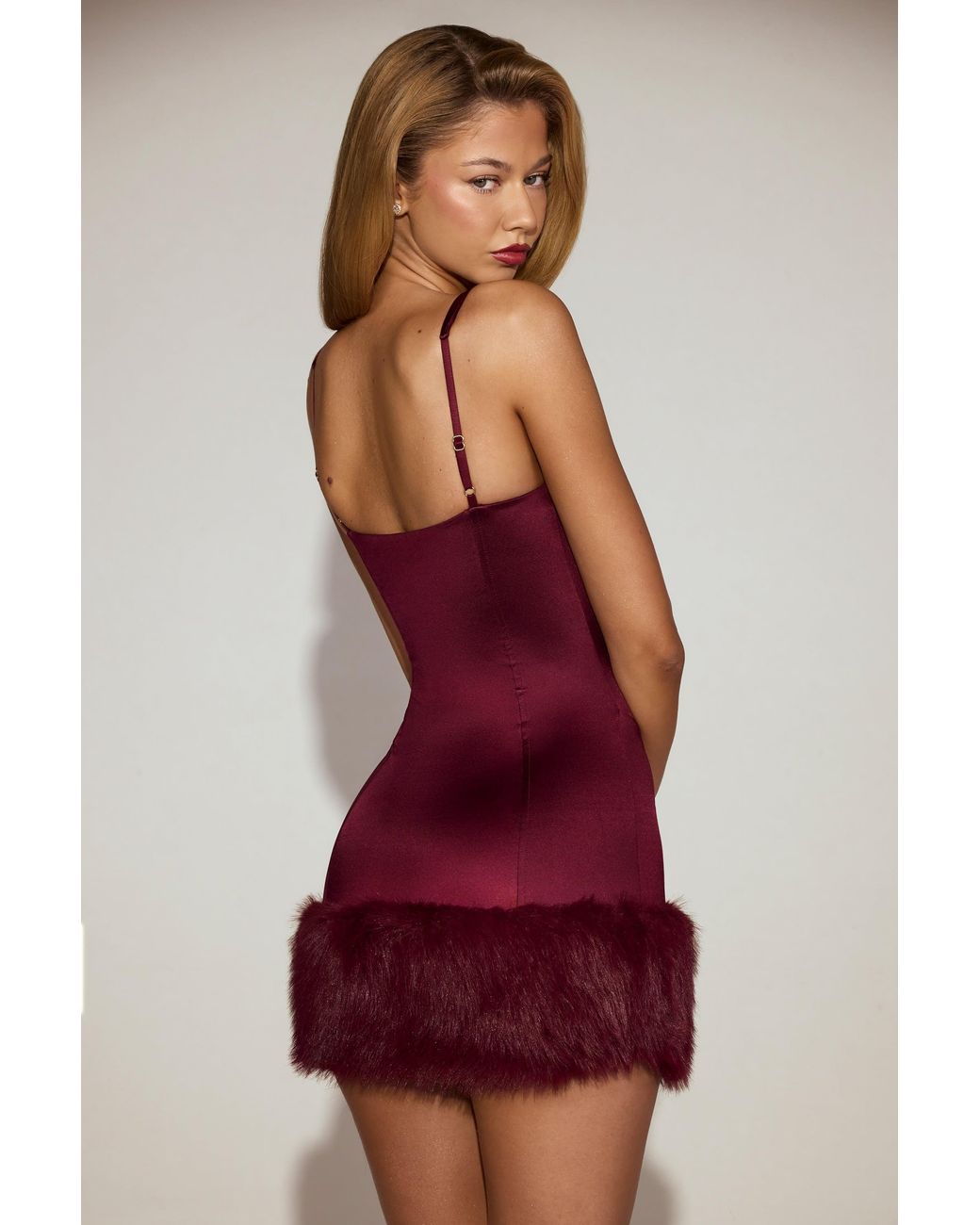 Oh Polly Red Satin Square-Neck Corset Faux-Fur Mini Dress