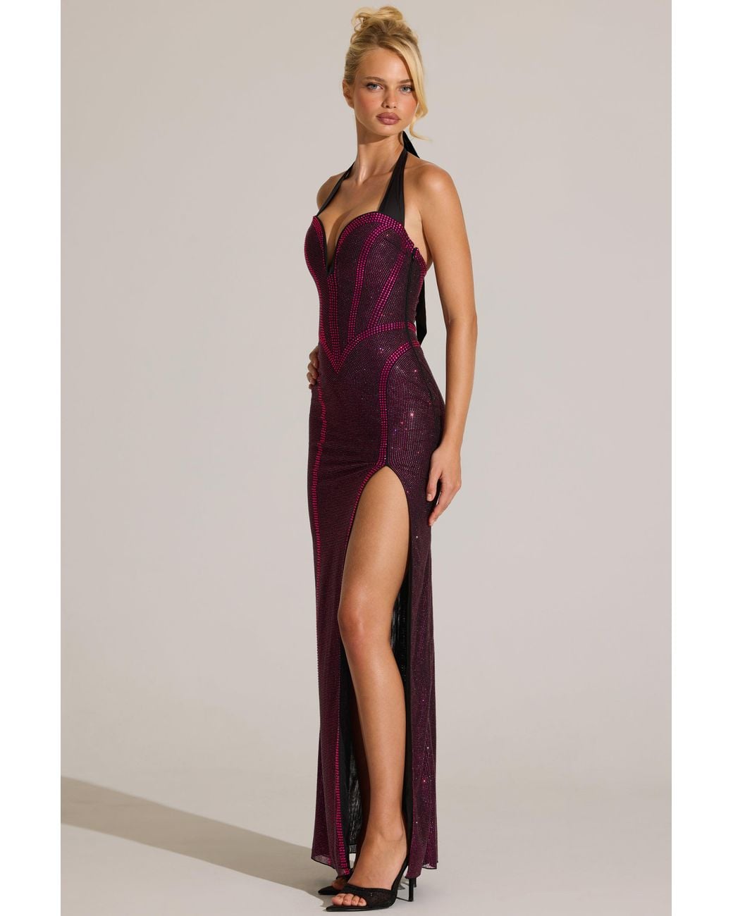 Oh Polly Pink Embellished Halterneck Maxi Dress