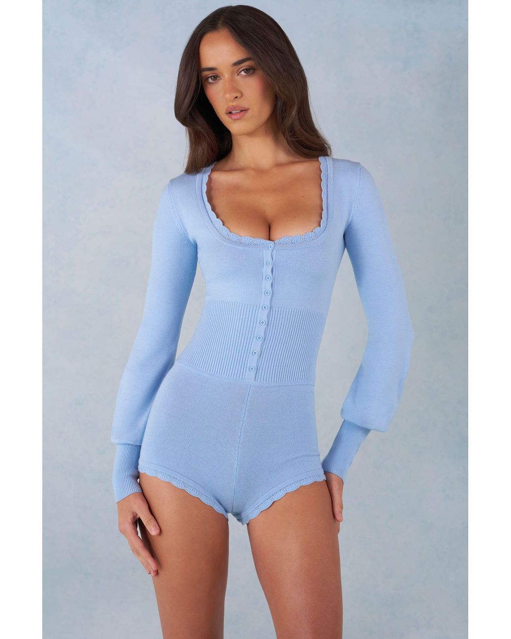 Oh Polly Blue Knit Long-Sleeve Romper