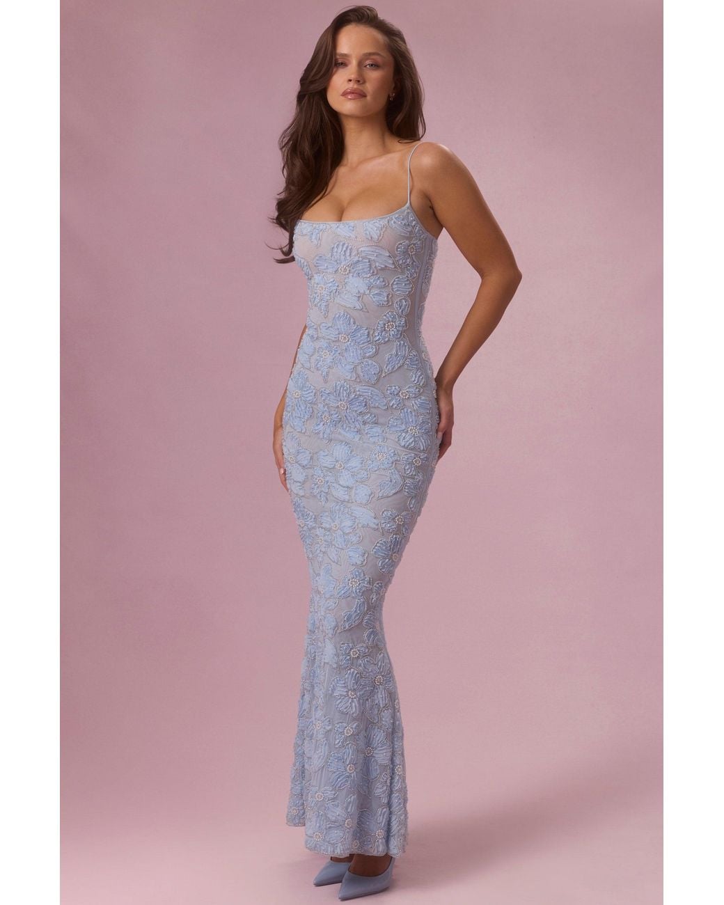 Oh Polly Blue Embellished Square Neck Maxi Dress