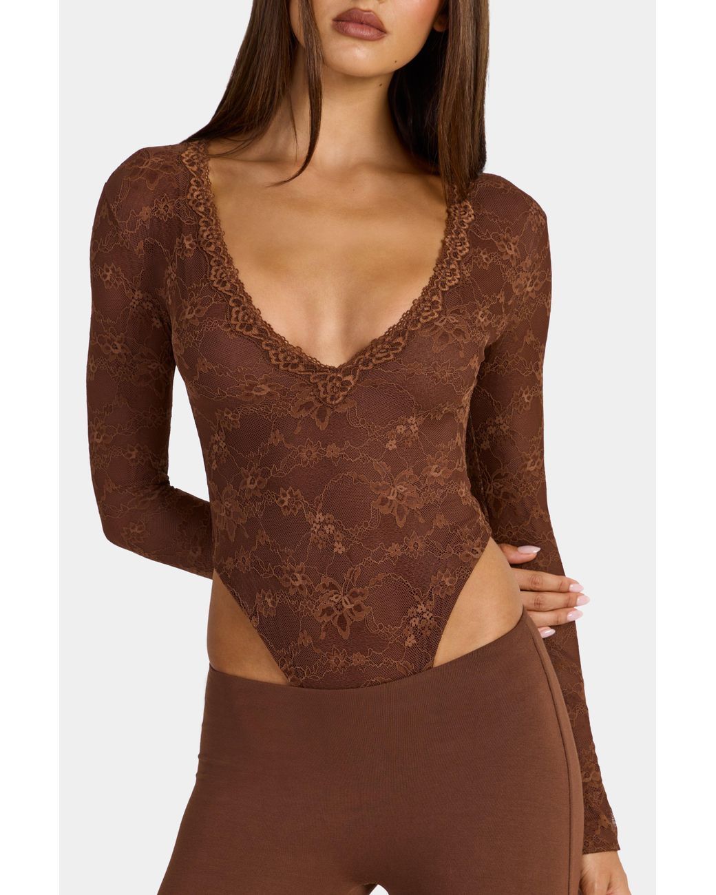 Oh Polly Brown Lace Long-Sleeve Bodysuit