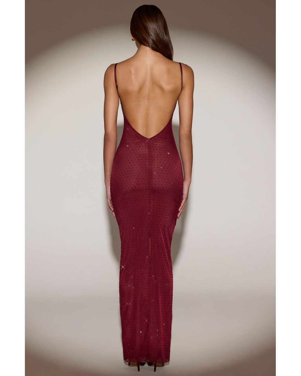 Oh Polly Red Sheer Embellished Backless Maxi Dress