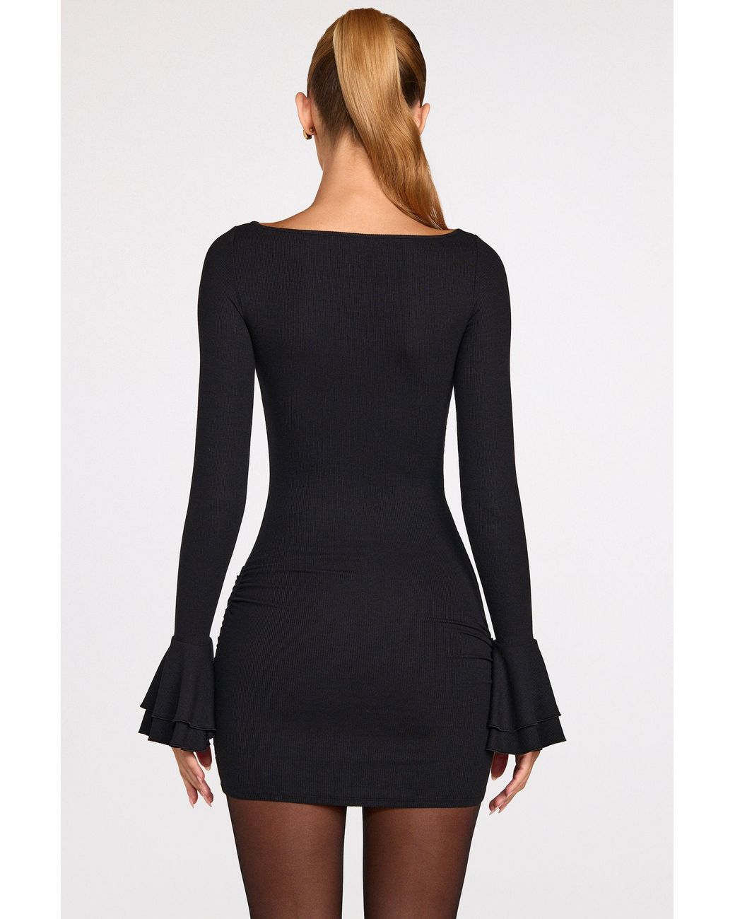 Oh Polly Black Ribbed Modal Long-Sleeve Draped Mini Dress