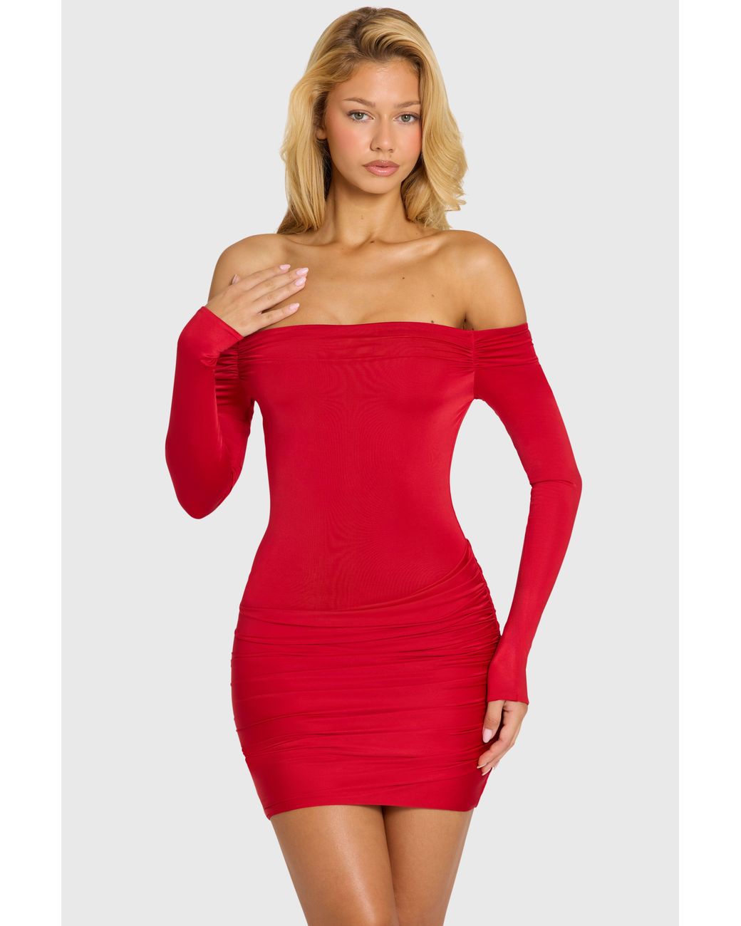 Oh Polly Red Off-Shoulder Long-Sleeve Mini Dress