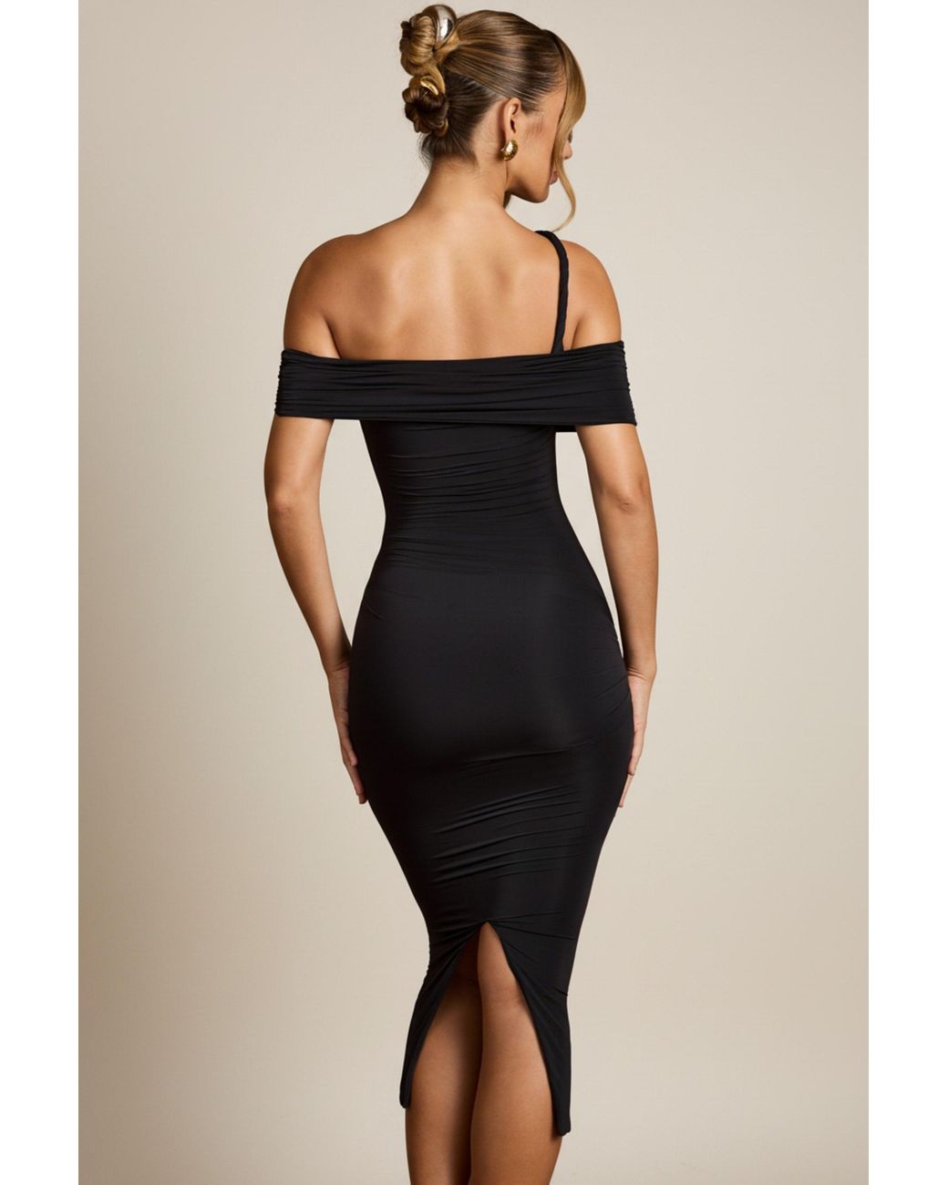 Oh Polly Black Off-Shoulder Draped Midaxi Dress