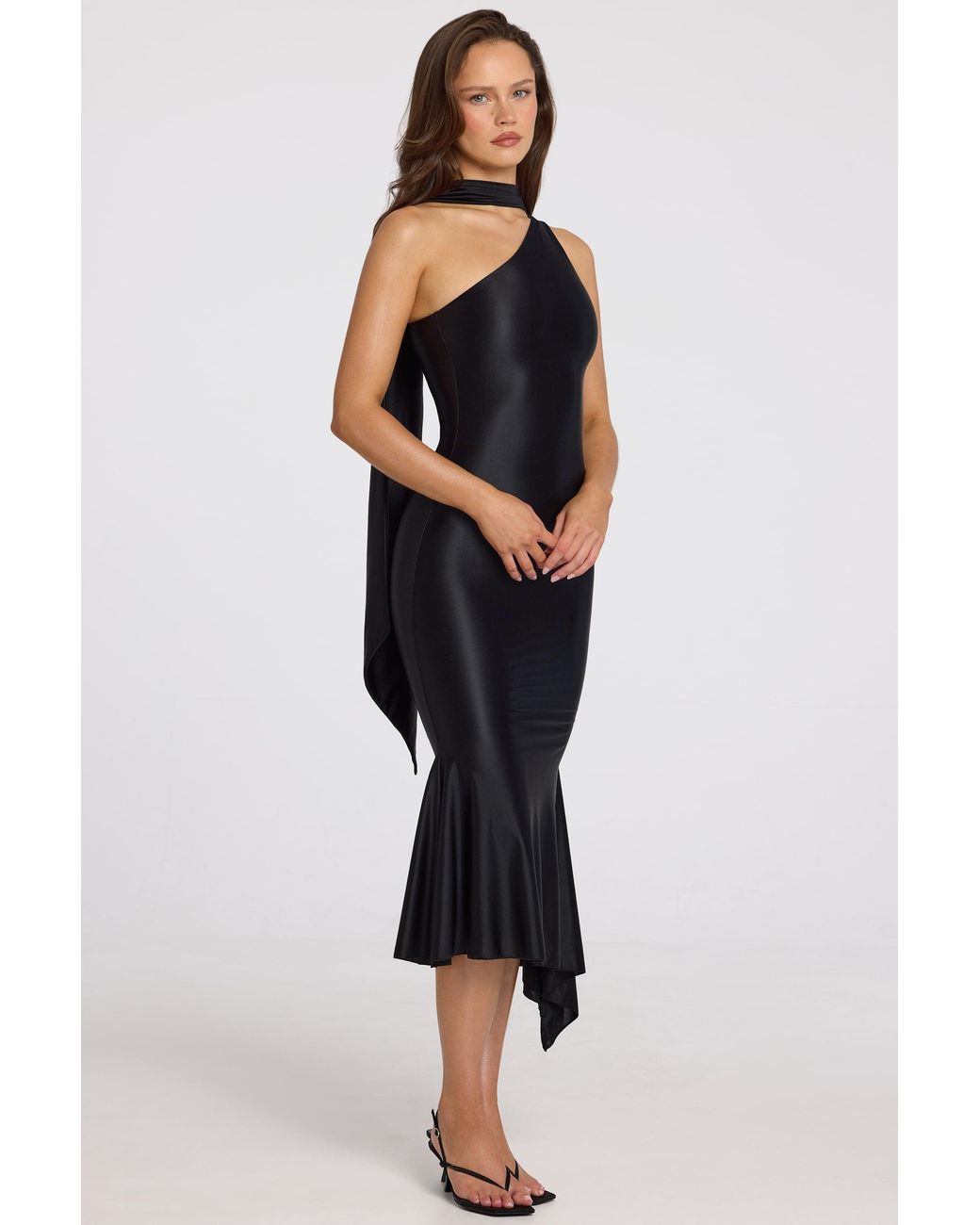 Oh Polly Black Asymmetric Scarf-Detail Midaxi Dress