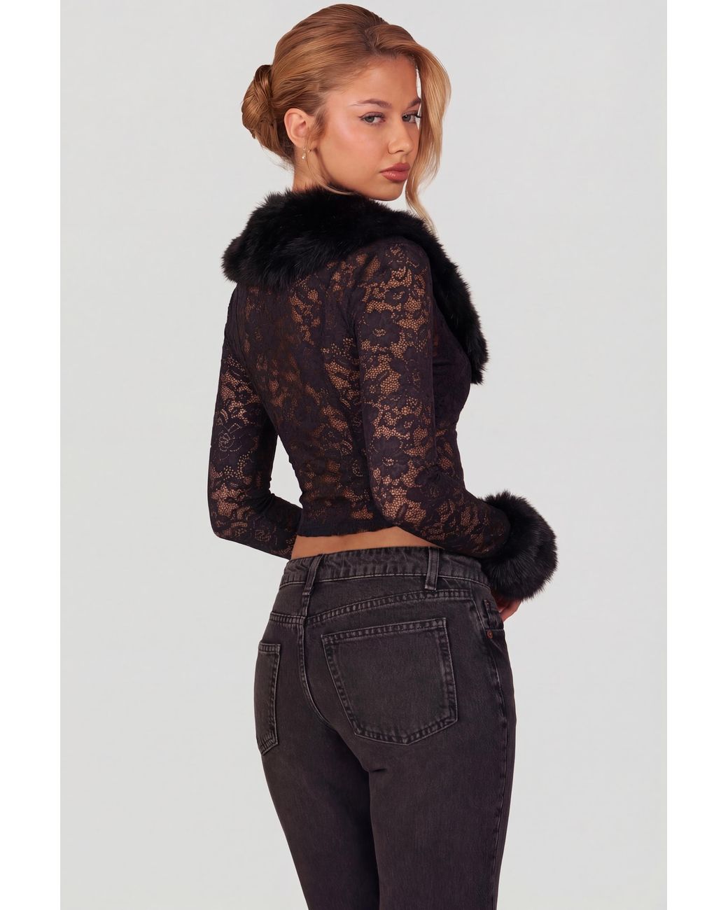 Oh Polly Black Sheer Lace Faux-Fur-Trim Cardigan