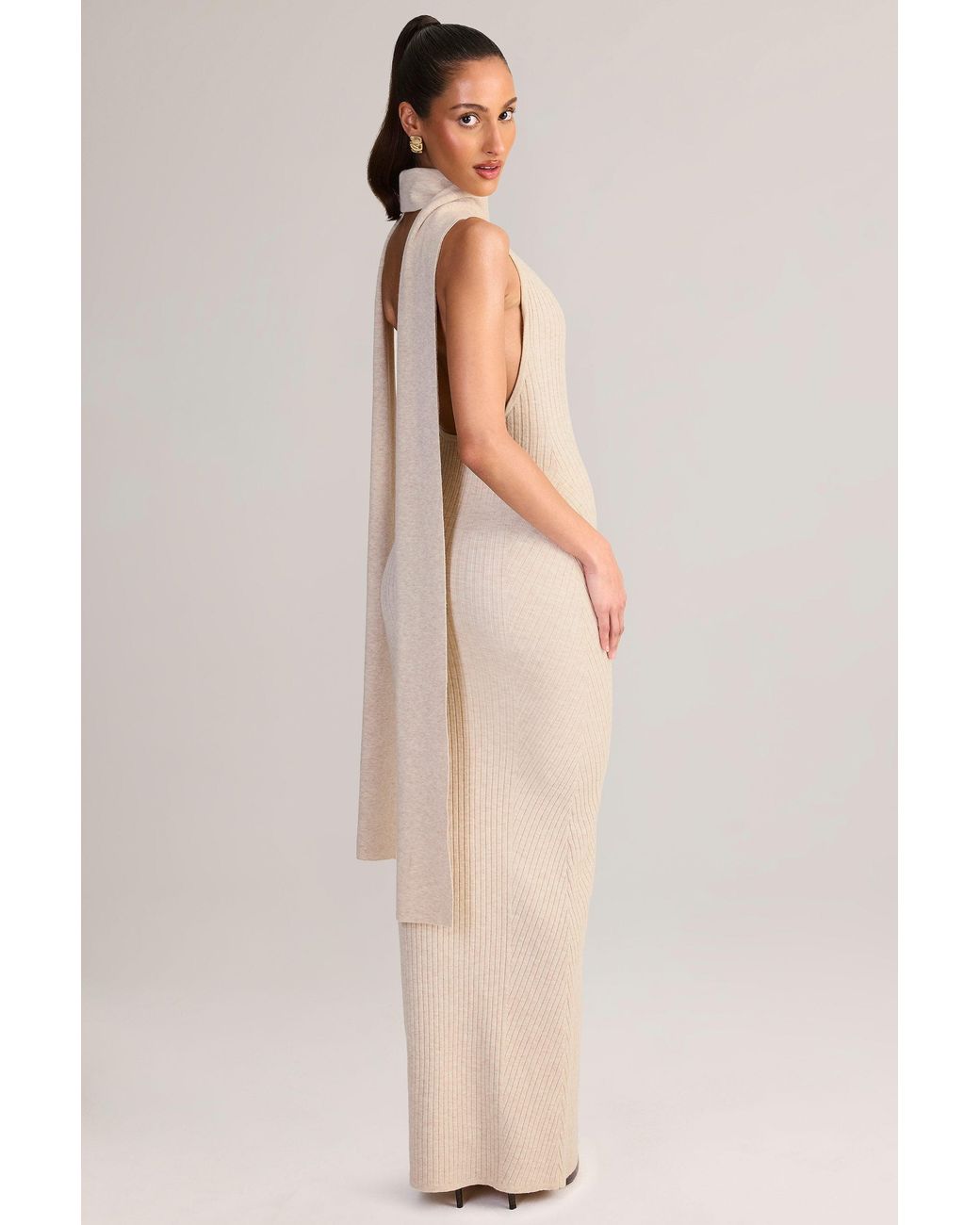Oh Polly White Rib-Knit Scarf-Detail Halterneck Maxi Dress