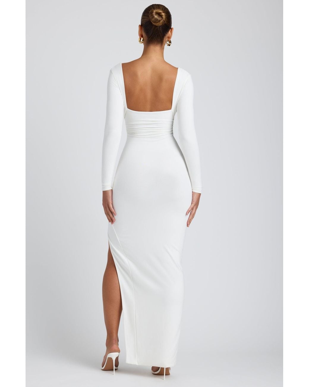 Oh Polly White Modal Plunge Neck Long Sleeve Maxi Dress