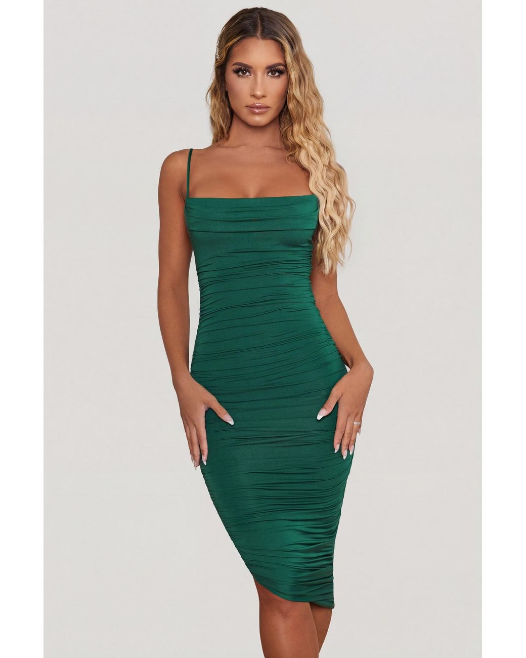 Oh Polly Green Cowl Neck Ruched Bodycon Midi Dress