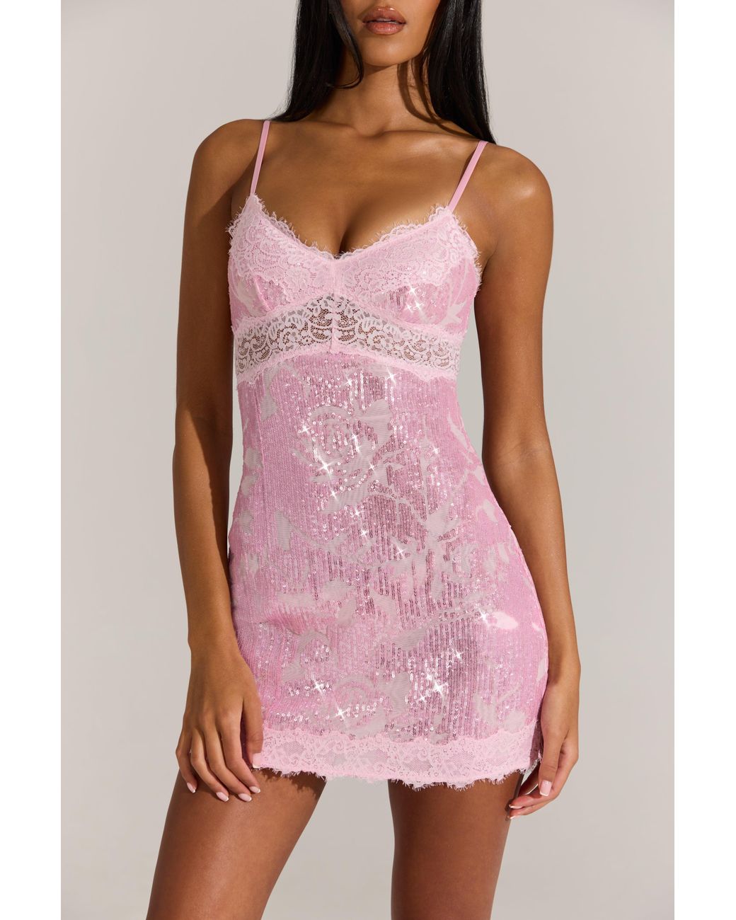 Oh Polly Pink Embellished Lace-Trim Mini Dress