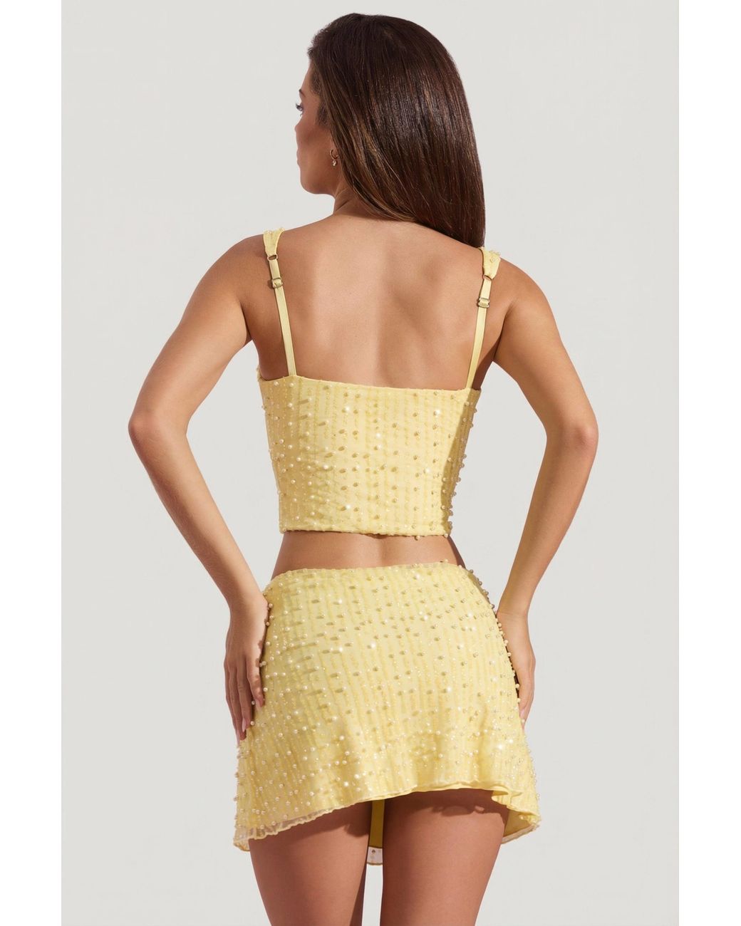 Oh Polly Yellow Embellished Square-Neck Crop Top