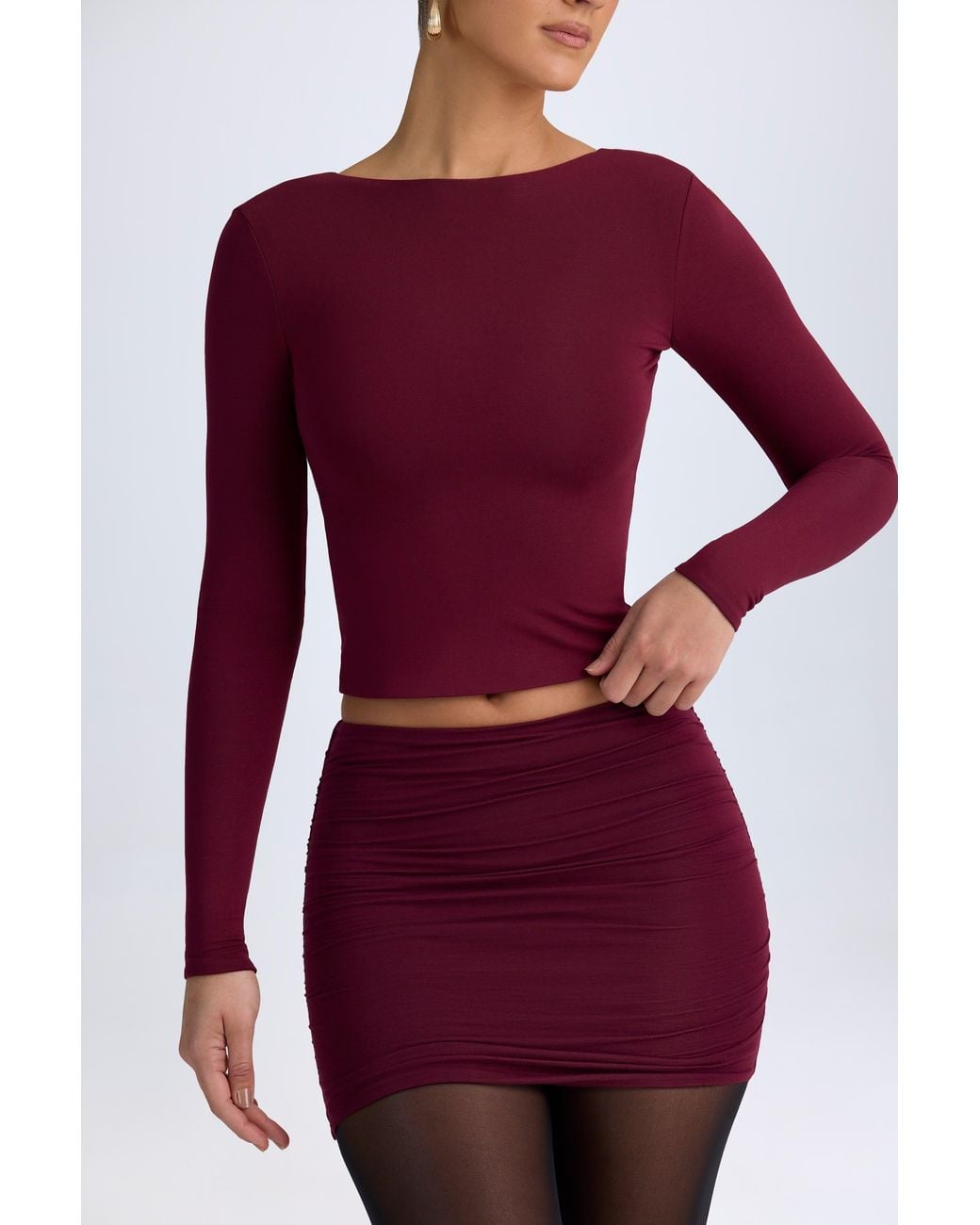Oh Polly Red Modal High Neck Long Sleeve Open Back Top