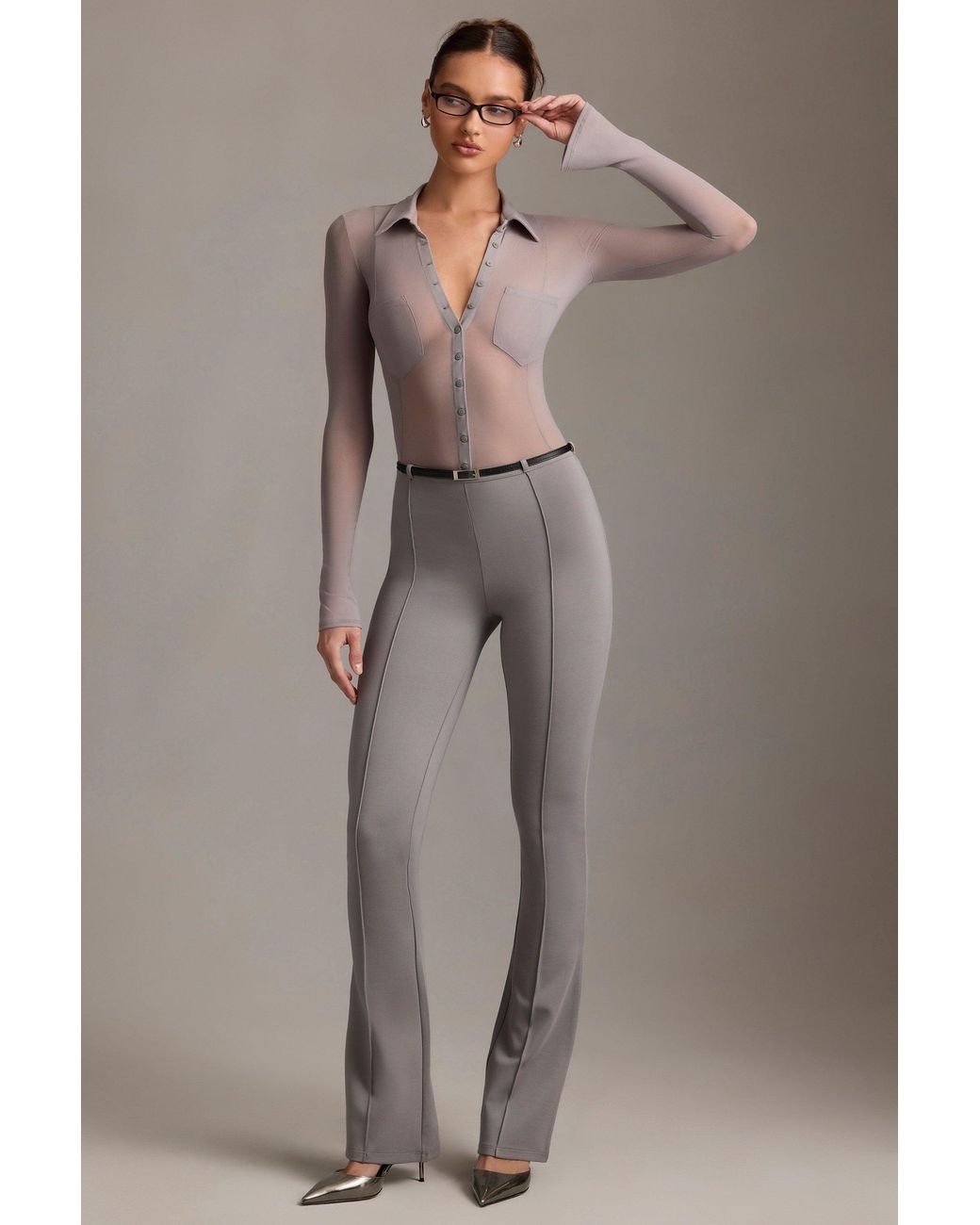 Oh Polly Gray Low-Rise Flared Trousers